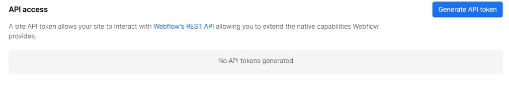 Webflow API access section with Generate API token button