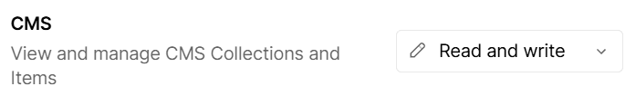Webflow API token permissions with CMS set to Read and write