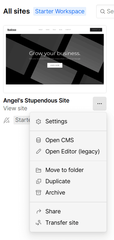 Webflow site card menu with Settings selected
