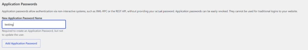 WordPress Application Passwords section with name field filled in
